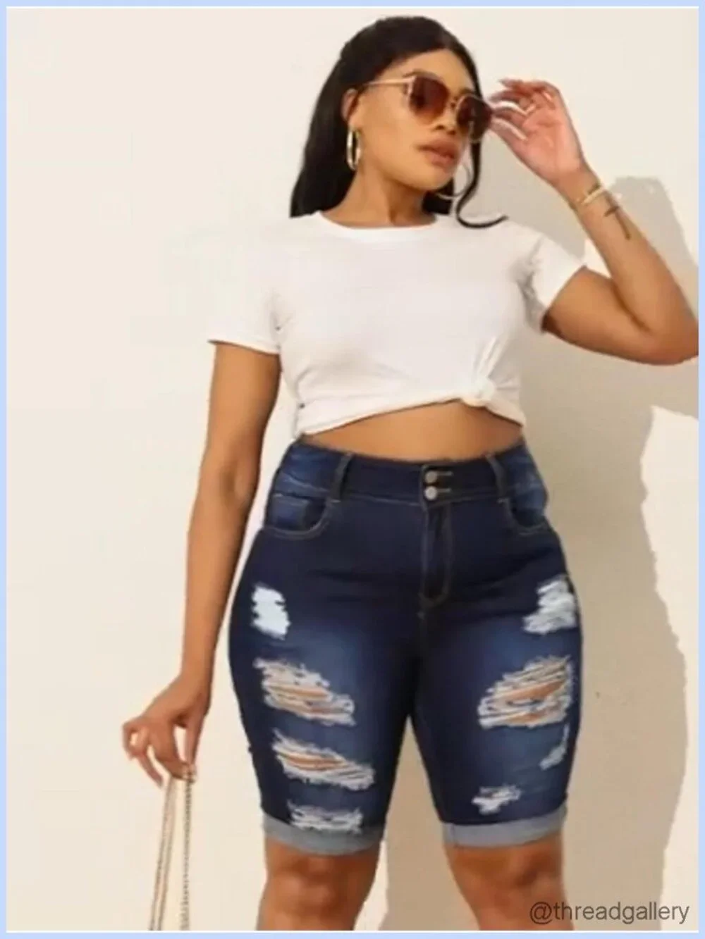 Plus Size High Waisted Stretchy Bermuda Jean Shorts Fold Hem